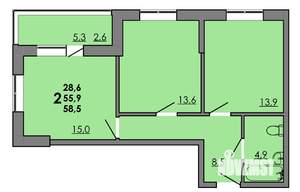 2-к квартира, вторичка, 59м2, 2/15 этаж