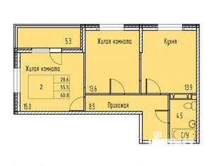 2-к квартира, строящийся дом, 58м2, 12/15 этаж