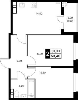 2-к квартира, вторичка, 53м2, 9/12 этаж