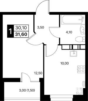 1-к квартира, вторичка, 32м2, 8/12 этаж