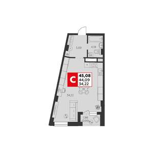Студия квартира, строящийся дом, 45м2, 4/22 этаж