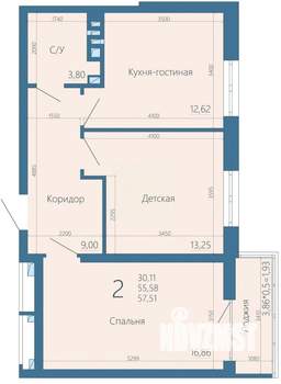 2-к квартира, вторичка, 57м2, 12/15 этаж