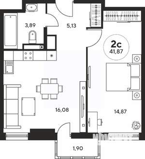 2-к квартира, вторичка, 42м2, 16/25 этаж