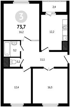 3-к квартира, вторичка, 74м2, 7/12 этаж