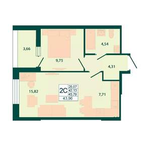 1-к квартира, строящийся дом, 44м2, 22/29 этаж