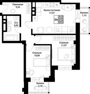 2-к квартира, вторичка, 56м2, 8/10 этаж
