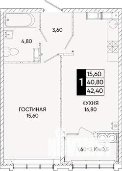 1-к квартира, вторичка, 42м2, 20/24 этаж