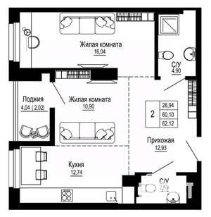 2-к квартира, вторичка, 62м2, 15/27 этаж