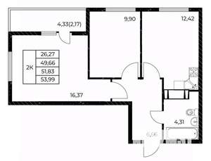 2-к квартира, вторичка, 54м2, 13/25 этаж