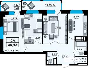 3-к квартира, строящийся дом, 80м2, 21/24 этаж