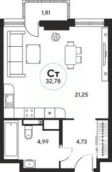 Студия квартира, вторичка, 33м2, 7/25 этаж