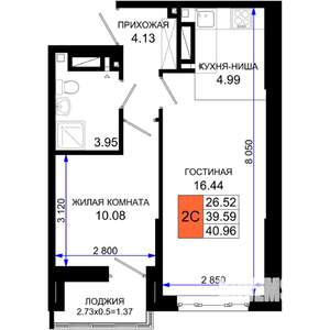 2-к квартира, строящийся дом, 41м2, 22/25 этаж