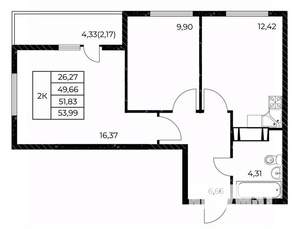 2-к квартира, вторичка, 54м2, 18/25 этаж