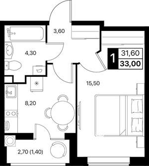 1-к квартира, вторичка, 33м2, 2/12 этаж