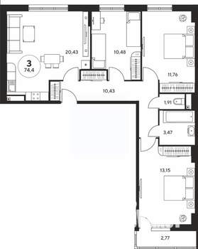 3-к квартира, вторичка, 74м2, 13/25 этаж