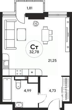 Студия квартира, вторичка, 33м2, 22/25 этаж