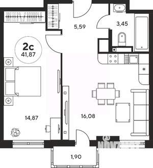 2-к квартира, вторичка, 42м2, 13/25 этаж