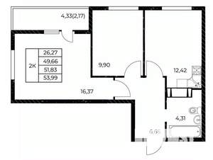 2-к квартира, вторичка, 54м2, 15/25 этаж