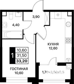 1-к квартира, вторичка, 33м2, 2/12 этаж