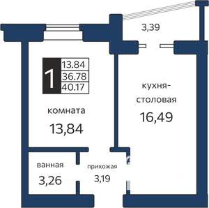 1-к квартира, вторичка, 40м2, 1/4 этаж