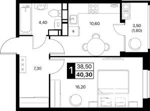 1-к квартира, строящийся дом, 40м2, 17/20 этаж