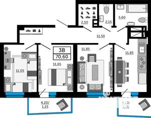3-к квартира, строящийся дом, 70м2, 11/19 этаж