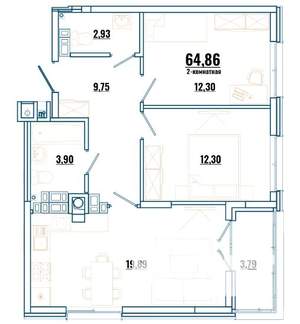 2-к квартира, строящийся дом, 65м2, 4/4 этаж