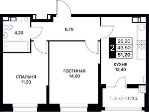2-к квартира, вторичка, 51м2, 3/12 этаж