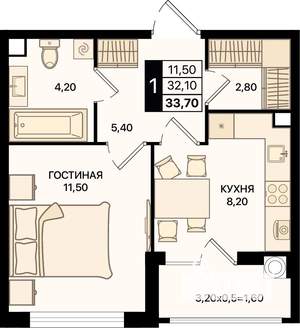 1-к квартира, вторичка, 34м2, 1/15 этаж