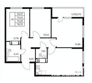 3-к квартира, строящийся дом, 77м2, 22/25 этаж