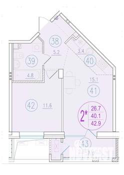 1-к квартира, вторичка, 43м2, 2/24 этаж