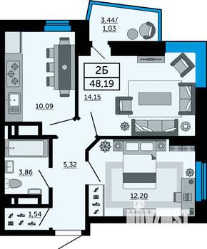 2-к квартира, строящийся дом, 49м2, 20/31 этаж