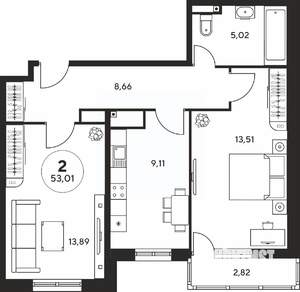 2-к квартира, вторичка, 53м2, 22/25 этаж