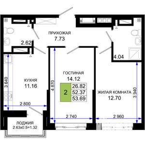 2-к квартира, вторичка, 54м2, 24/25 этаж