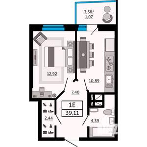 1-к квартира, строящийся дом, 39м2, 11/31 этаж