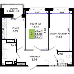 2-к квартира, вторичка, 55м2, 3/25 этаж