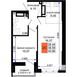 2-к квартира, строящийся дом, 41м2, 22/25 этаж