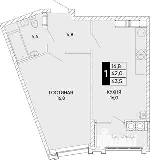 1-к квартира, вторичка, 44м2, 20/24 этаж