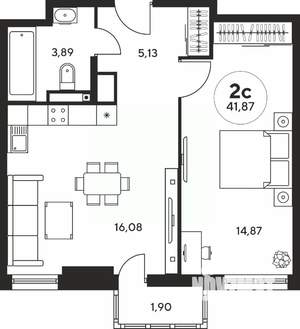 2-к квартира, вторичка, 42м2, 12/25 этаж
