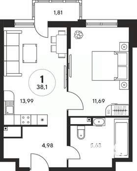 1-к квартира, вторичка, 38м2, 16/25 этаж