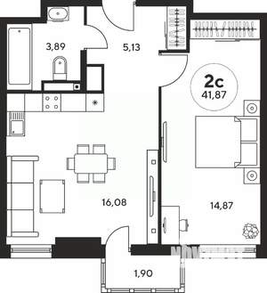 2-к квартира, вторичка, 42м2, 8/25 этаж