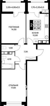 2-к квартира, вторичка, 61м2, 17/20 этаж