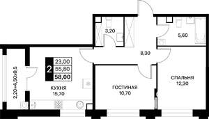 2-к квартира, вторичка, 58м2, 2/12 этаж