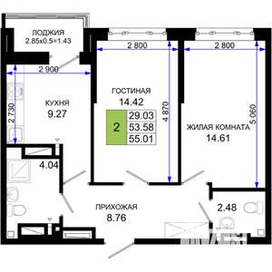 2-к квартира, вторичка, 55м2, 10/25 этаж