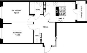 2-к квартира, вторичка, 61м2, 4/12 этаж