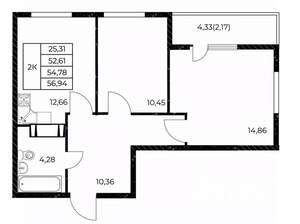 2-к квартира, вторичка, 57м2, 9/25 этаж