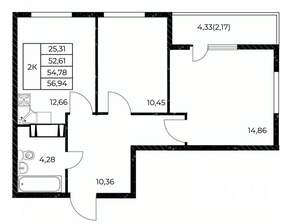 2-к квартира, вторичка, 57м2, 23/25 этаж