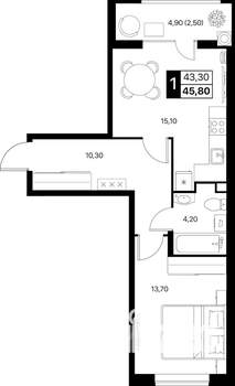 1-к квартира, вторичка, 46м2, 2/12 этаж