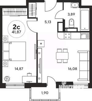 2-к квартира, вторичка, 42м2, 22/25 этаж
