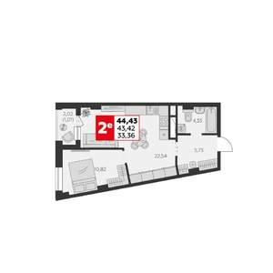 2-к квартира, строящийся дом, 44м2, 8/22 этаж